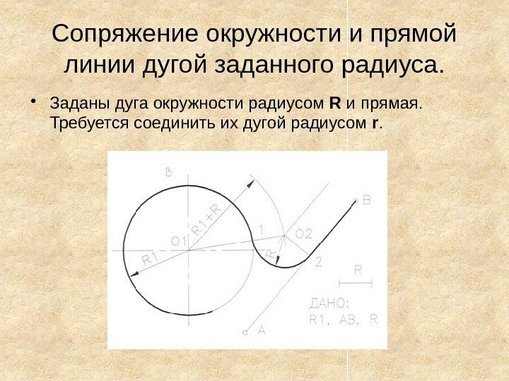 Сопряжение окружности и прямой линии дугой заданного радиуса.  • Заданы дуга окружности радиусом