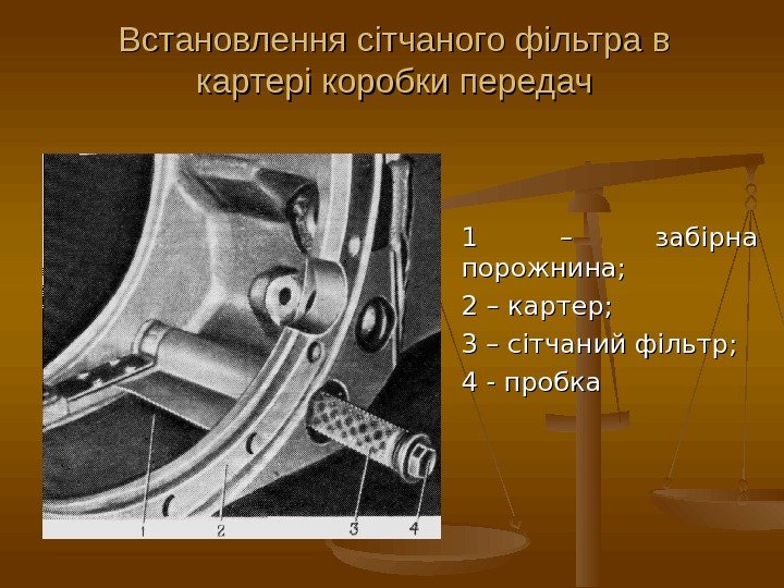 1 – забірна порожнина;  2 – картер; 3 – сітчаний фільтр;  4