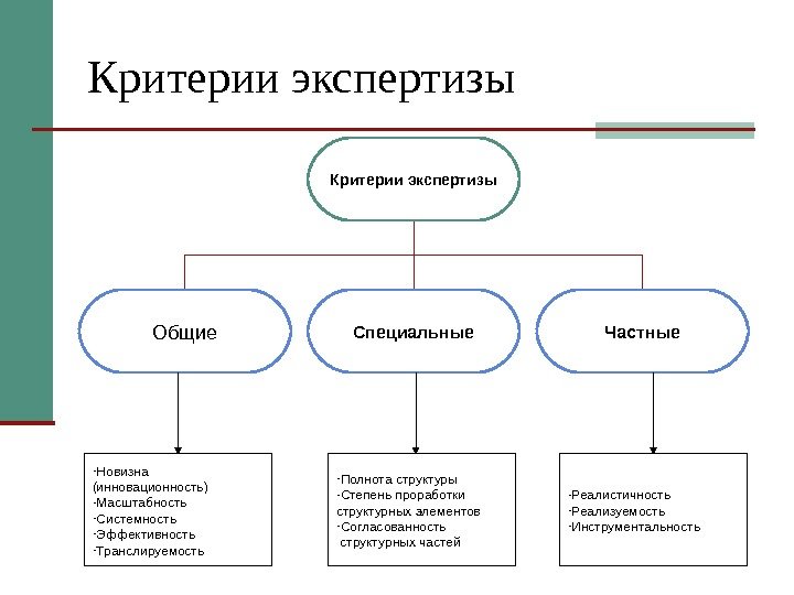 Критерии экспертизы Общие Специальные Частные - Новизна (инновационность) - Масштабность - Системность - Эффективность