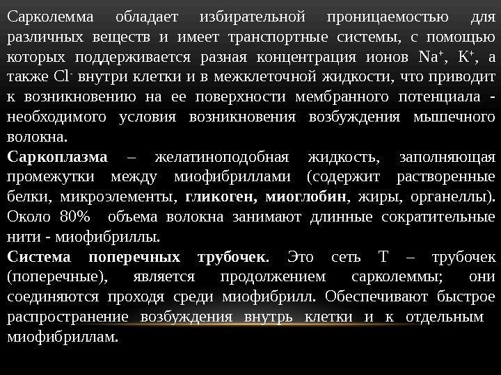 Сарколемма обладает избирательной проницаемостью для различных веществ и имеет транспортные системы,  с помощью