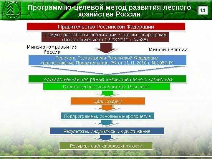 Ответственный исполнитель: Рослесхоз. Программно-целевой метод развития лесного хозяйства России 11 Порядок разработки, реализации и