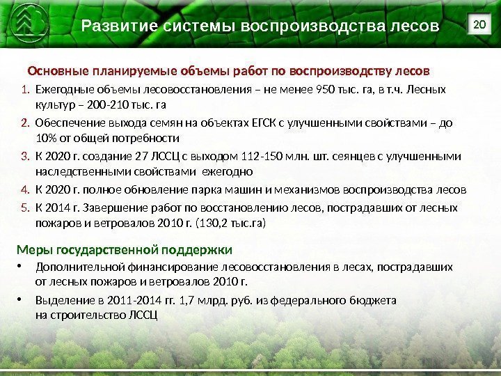 1. Ежегодные объемы лесовосстановления – не менее 950 тыс. га, в т. ч. Лесных