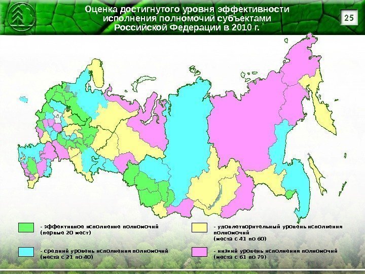 Оценка достигнутого уровня эффективности исполнения полномочий субъектами Российской Федерации в 2010 г.  25