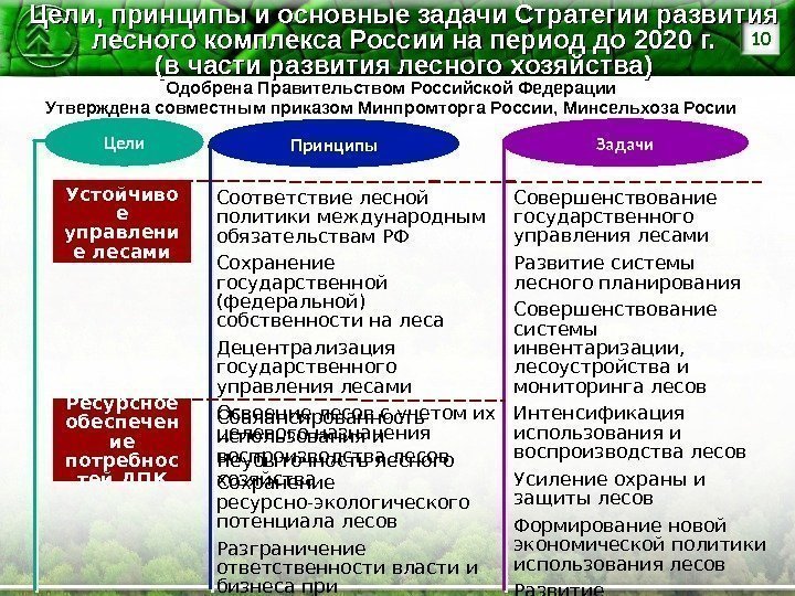 10 Цели, принципы и основные задачи Стратегии развития лесного комплекса России на период до