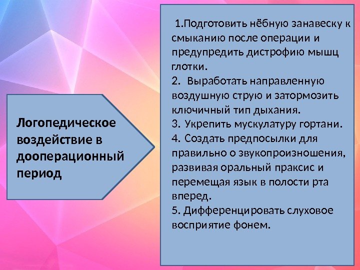 Логопедическое воздействие в дооперационный период  1. Подготовить нёбную занавеску к смыканию после операции