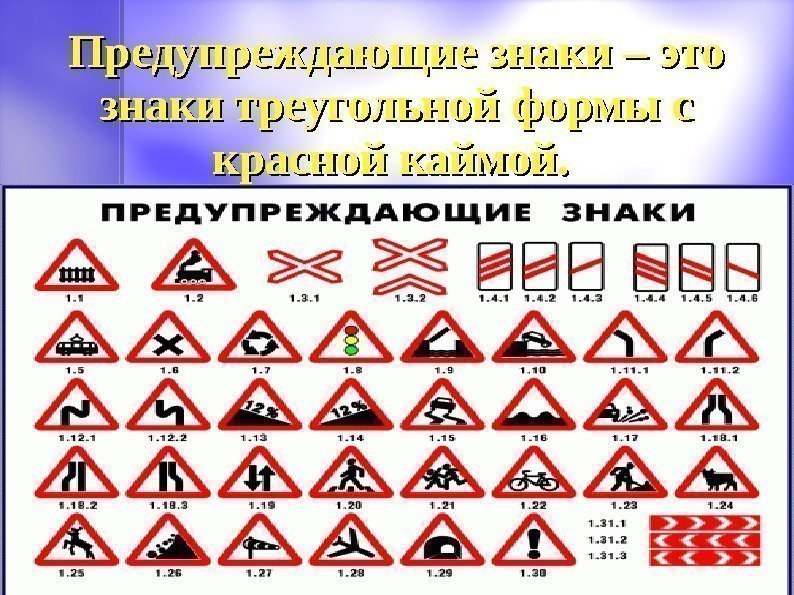 Предупреждающие знаки – это знаки треугольной формы с красной каймой. 