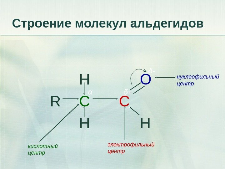 Строение молекул альдегидов    H   O   R 