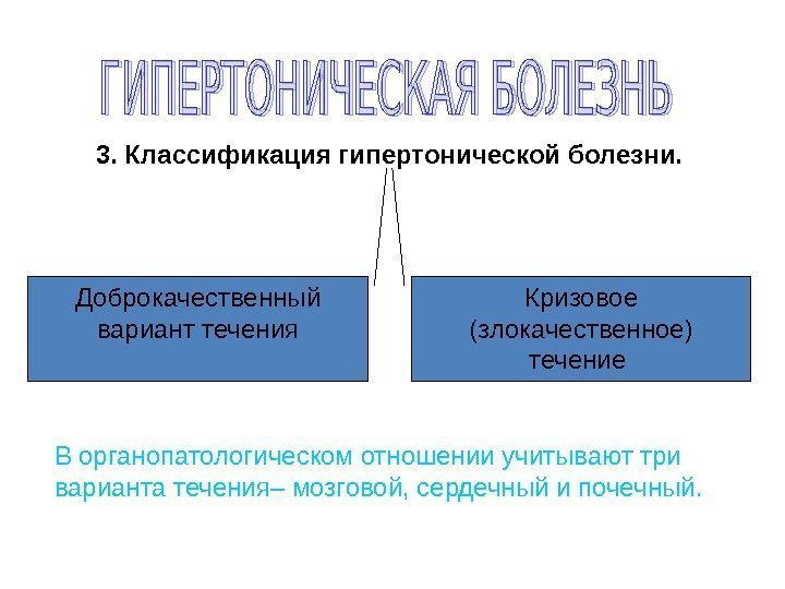 3. Классификация гипертонической болезни. Кризово е  (злокачественное) течение Доброкачественный вариант течения В органопатологическом