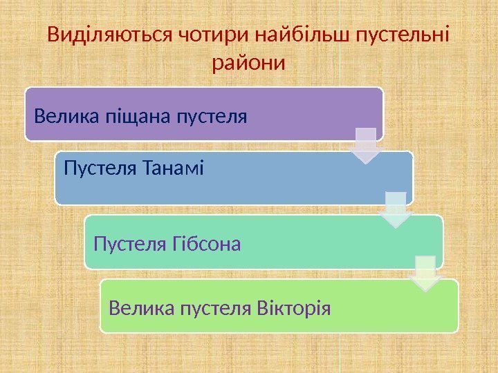 Виділяються чотири найбільш пустельні райони Велика піщана пустеля Пустеля Танамі Пустеля Гібсона Велика пустеля