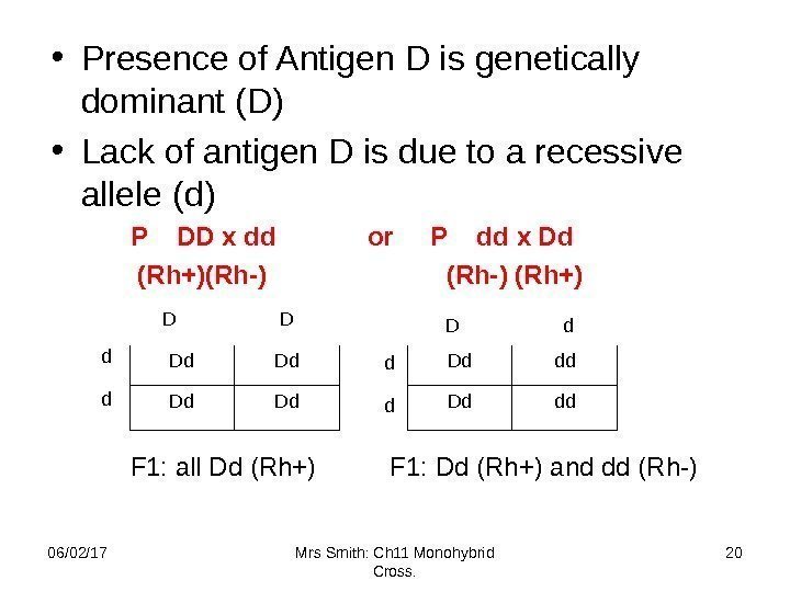  • Presence of Antigen D is genetically dominant (D) • Lack of antigen