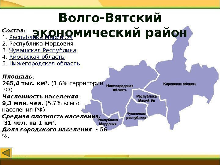 Состав: 1. Республика Марий Эл 2. Республика Мордовия 3. Чувашская Республика 4. Кировская область