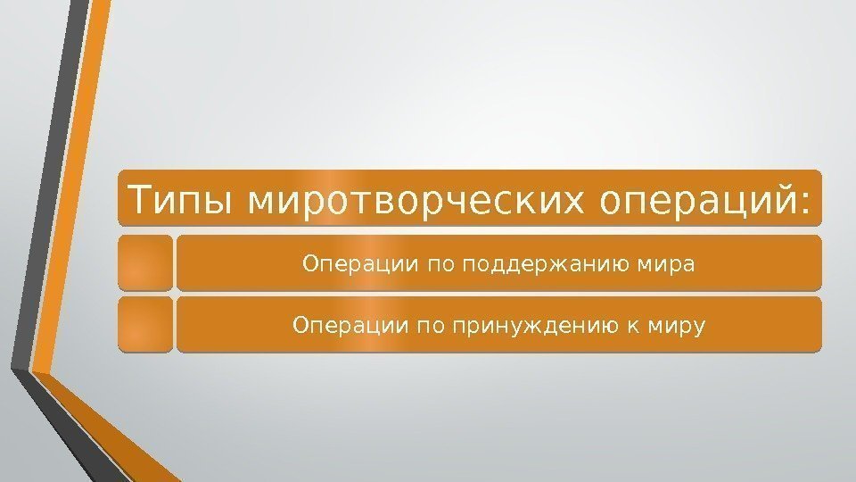 Типы миротворческих операций: Операции по поддержанию мира Операции по принуждению к миру290722 23 23