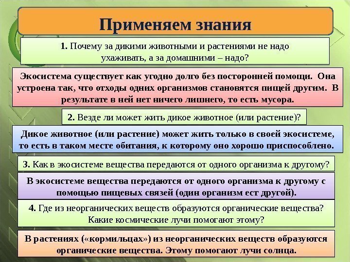 Применяем знания 1.  Почему за дикими животными и растениями не надо ухаживать, а