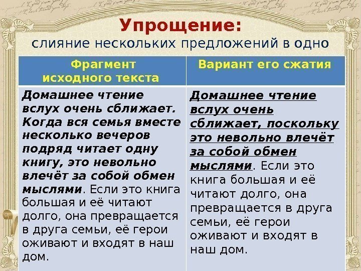 Упрощение: слияние нескольких предложений в одно   Фрагмент  исходного текста  Вариант