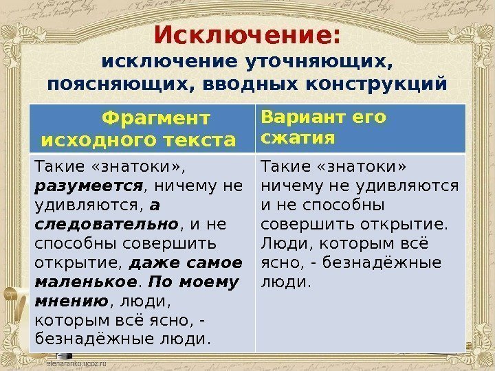 Исключение: исключение уточняющих,  поясняющих, вводных конструкций  Фрагмент  исходного текста Вариант его