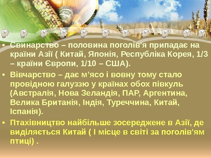  • Свинарство – половина поголів'я припадає на країни Азії ( Китай, Японія, Республіка