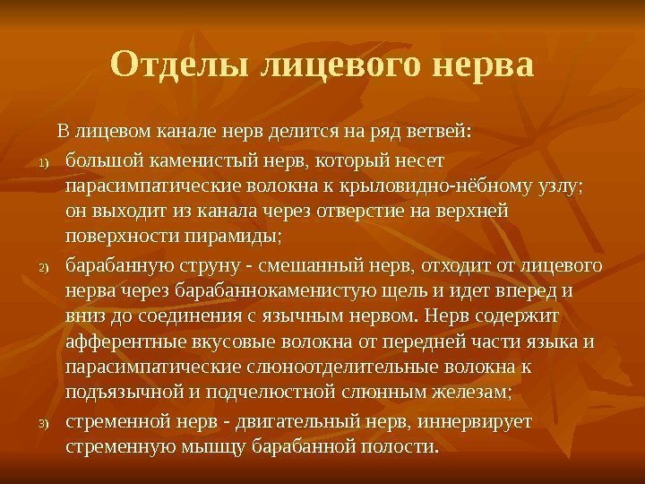 Отделы лицевого нерва В лицевом канале нерв делится на ряд ветвей:  1) большой