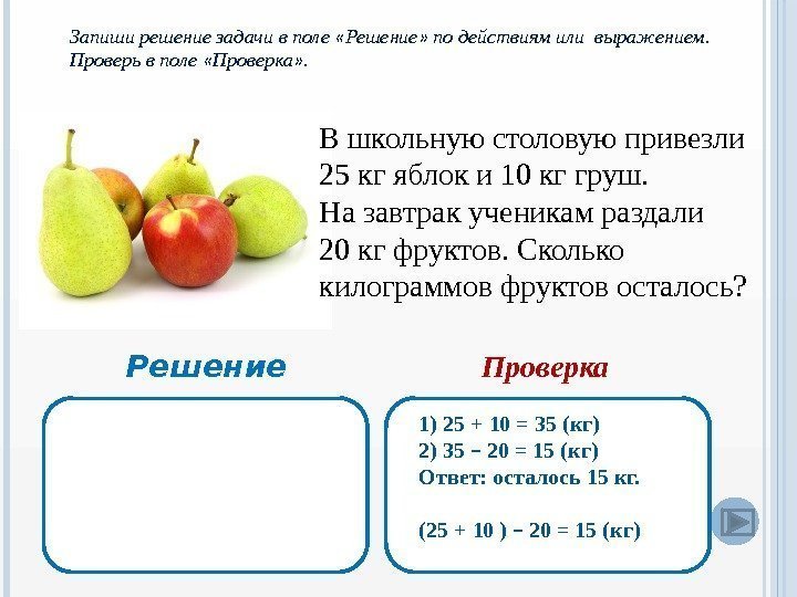 В школьную столовую привезли 25 кг яблок и 10 кг груш.  На завтрак