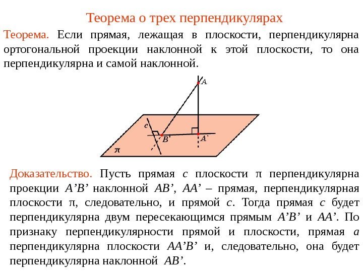 Теорема о трех перпендикулярах Теорема.  Если прямая,  лежащая в плоскости,  перпендикулярна
