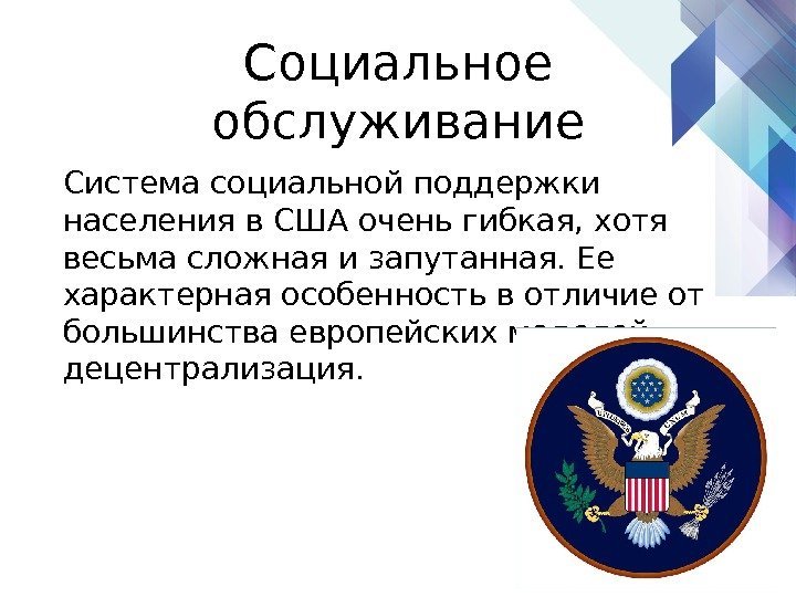 Социальное обслуживание Система социальной поддержки населения в США очень гибкая, хотя весьма сложная и