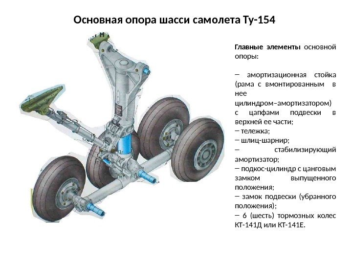 Главные элементы основной опоры: –  амортизационная стойка (рама с вмонтированным  в нее