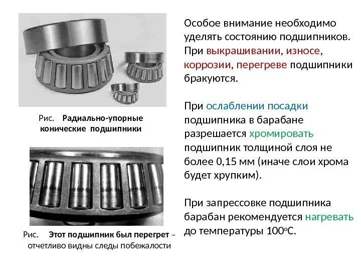 Рис. Радиально-упорные конические подшипники Рис.  Этот подшипник был перегрет – отчетливо видны следы