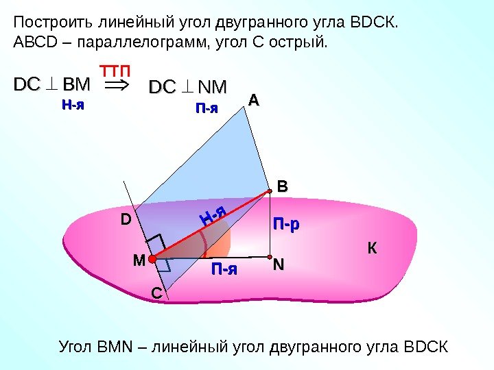 Построить линейный угол двугранного угла В D СК. АВС D – параллелограмм, угол С