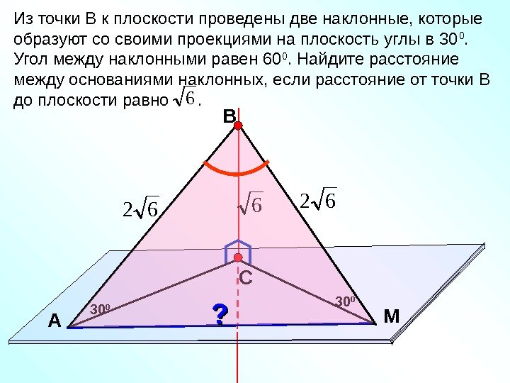 6 В С M АИз точки В к плоскости проведены две наклонные, которые образуют