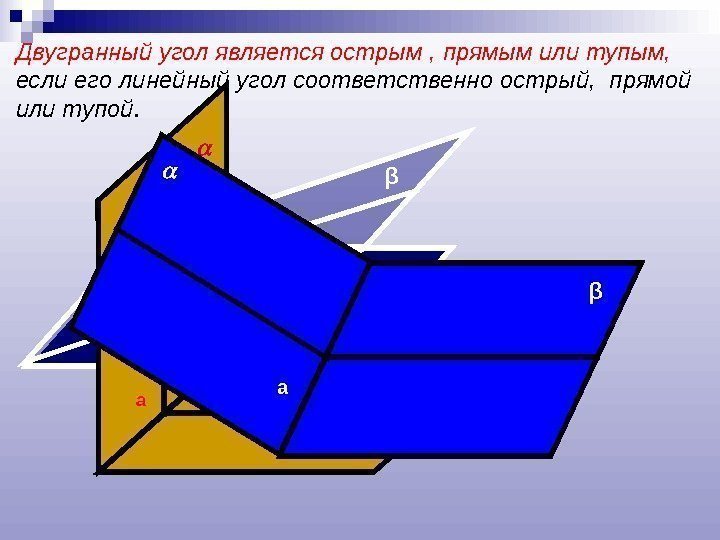 Двугранный угол является острым , прямым или тупым,  если его линейный угол соответственно