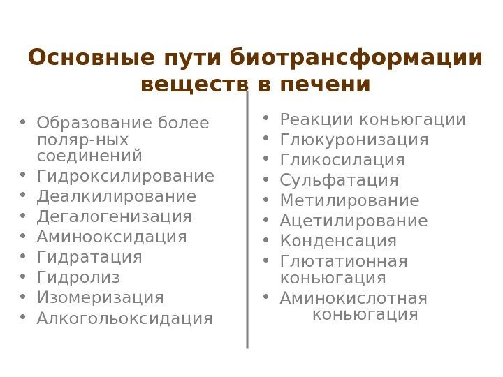 Основные пути биотрансформации веществ в печени • Образование более поляр-ных  соединений • Гидроксилирование