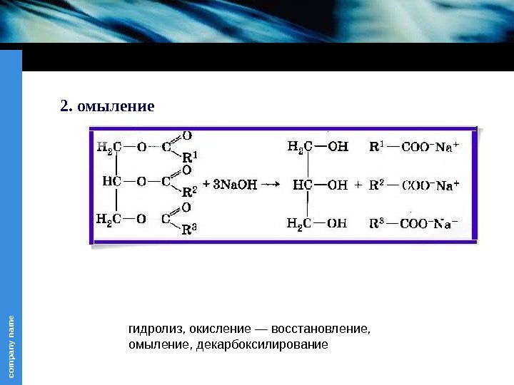 com pany nam eгидролиз, окисление — восстановление,  омыление, декарбоксилирование 2. омыление 