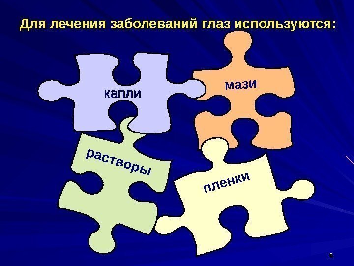 66 Для лечения заболеваний глаз используются: мази пленки растворы   капли 