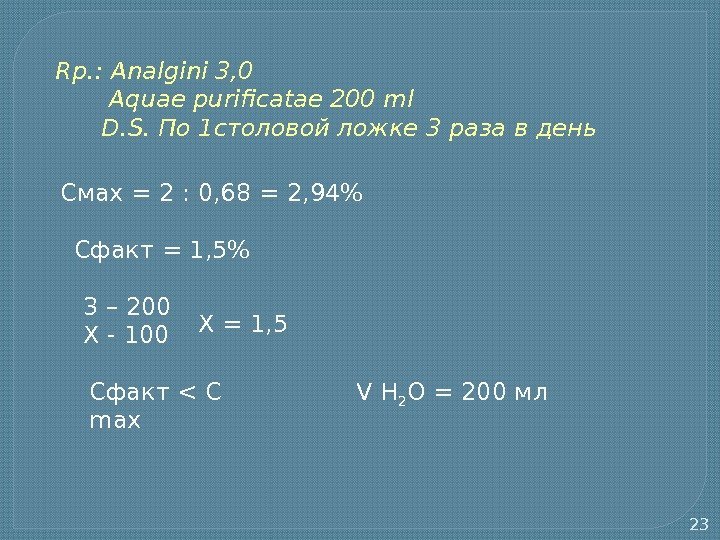 23 Rp. : Analgini 3, 0   Aquae purificatae 200 ml  D.