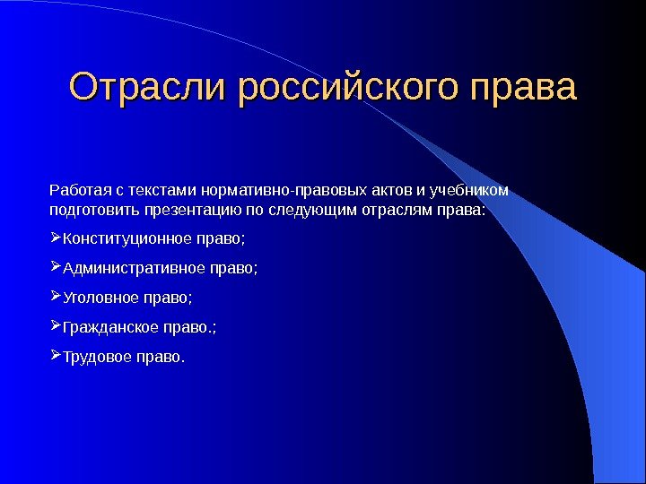 Отрасли российского права Работая с текстами нормативно-правовых актов и учебником подготовить презентацию по следующим