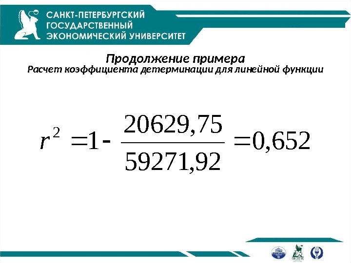 Продолжение примера Расчет коэффициента детерминации для линейной функции 652, 0 92, 5927120629, 75 12