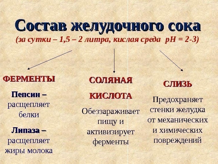 Состав желудочного сока (за сутки – 1, 5 – 2 литра, кислая среда 