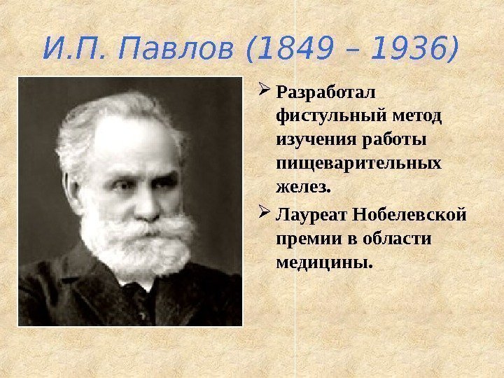 И. П. Павлов (1849 – 1936) Разработал фистульный метод изучения работы пищеварительных желез. 