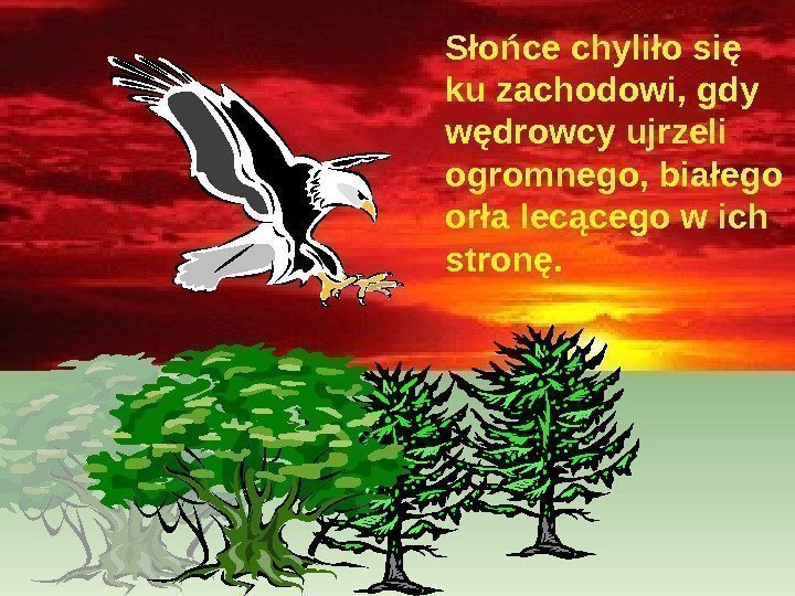   Słońce chyliło się ku zachodowi, gdy wędrowcy ujrzeli ogromnego, białego orła lecącego