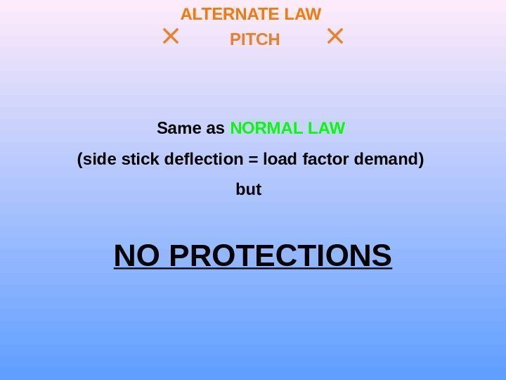 ALTERNATE LAW PITCH Same as  NORMAL LAW (side stick deflection = load factor