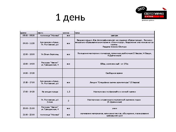 1 день время место группа тема 08: 00 - 08: 30 гостиница Москва все