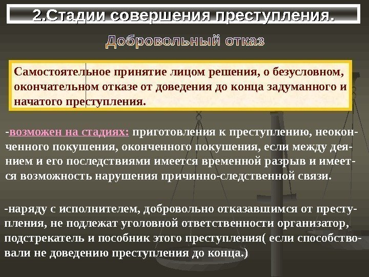 2. Стадии совершения преступления. Самостоятельное принятие лицом решения, о безусловном, окончательном отказе 2. Стадии совершения преступления. Самостоятельное принятие лицом решения, о безусловном, окончательном отказе