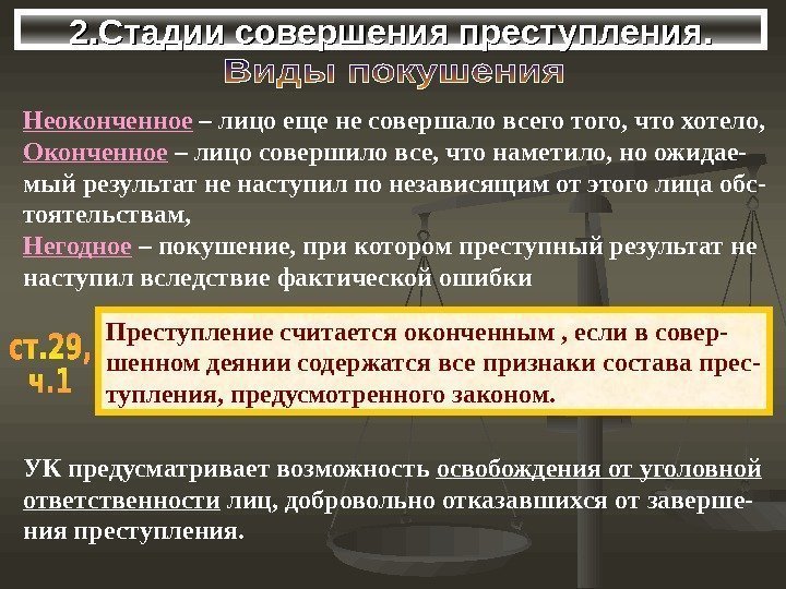 2. Стадии совершения преступления. Неоконченное – лицо еще не совершало всего того, 2. Стадии совершения преступления. Неоконченное – лицо еще не совершало всего того,