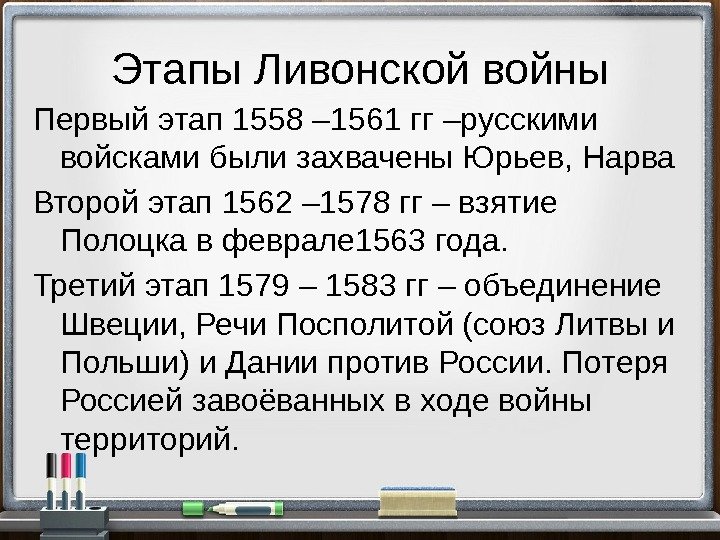 Этапы Ливонской войны Первый этап 1558 – 1561 гг –русскими войсками были захвачены Юрьев,