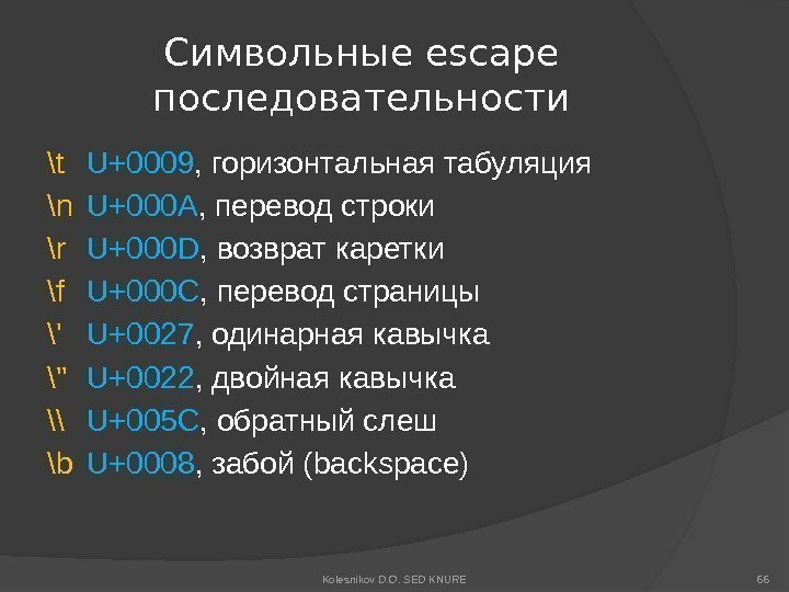 Символьные escape последовательности \t U+0009 , горизонтальная табуляция \n U+000 A , перевод строки