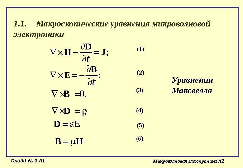 Слайд № 3 Л 1 Микроволновая электроника Л 21. 1. Макроскопические уравнения микроволновой электроники;