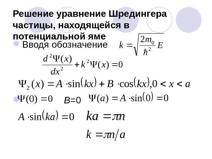Решение уравнение Шредингера частицы, находящейся в потенциальной яме Вводя обозначение    В