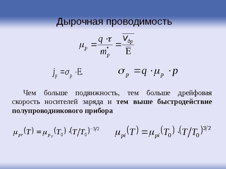 Дырочная проводимость др p p m qv * . ppjpqpp Чем больше подвижность, 