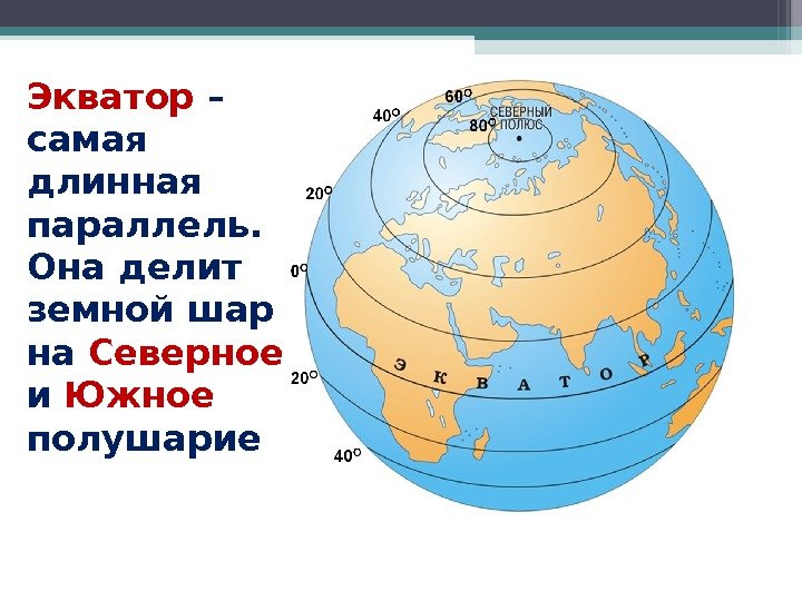 Экватор – самая длинная параллель.  Она делит земной шар на Северное  и