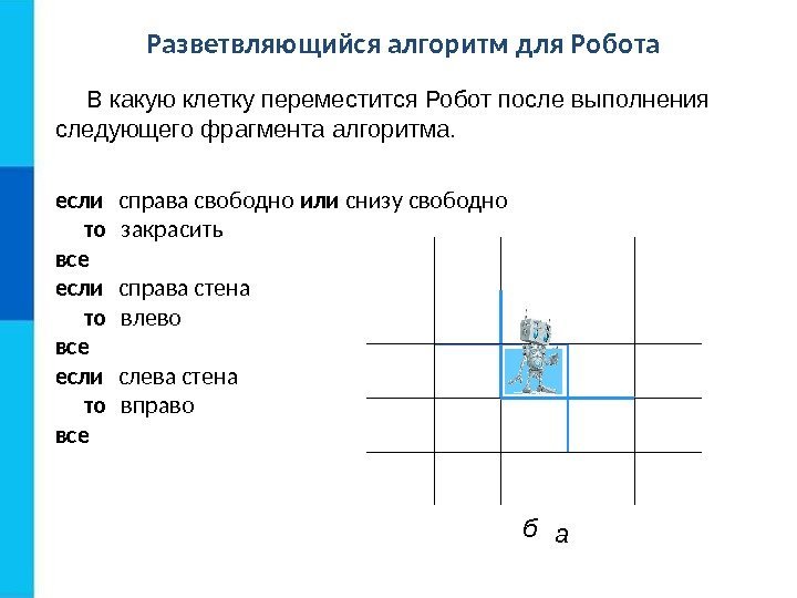 Разветвляющийся алгоритм для Робота В какую клетку переместится Робот после выполнения следующего фрагмента алгоритма.