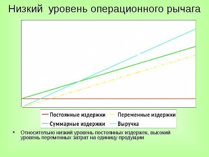 Низкий уровень операционного рычага • Относительно низкий уровень постоянных издержек, высокий уровень переменных затрат